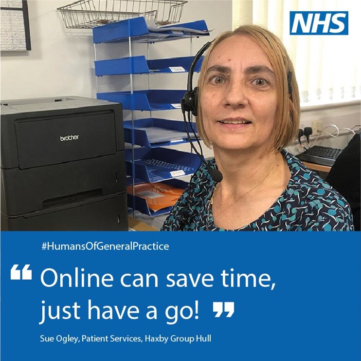 A female GP receptionist sits at an office desk wearing a telephone headset 'online an save time, just have a go'