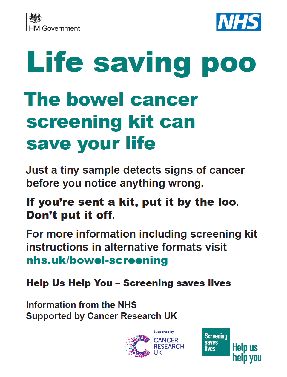 Teal colour letters spell out the following words. Life saving poo The bowel cancer screening kit can save your life 