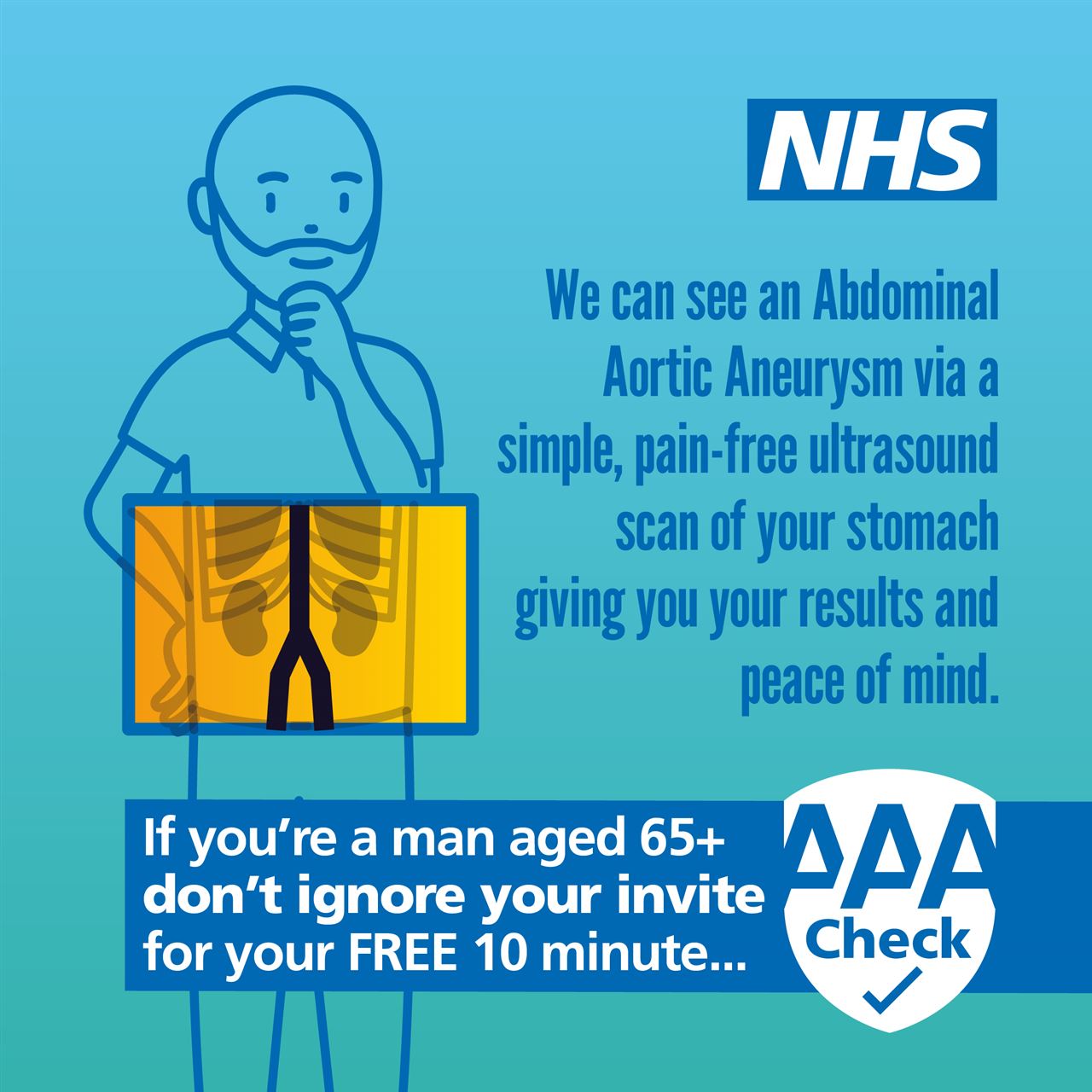 A blue man stands with his hand placed on his chin, his abdomen is illuminated in orange, showing inside his body