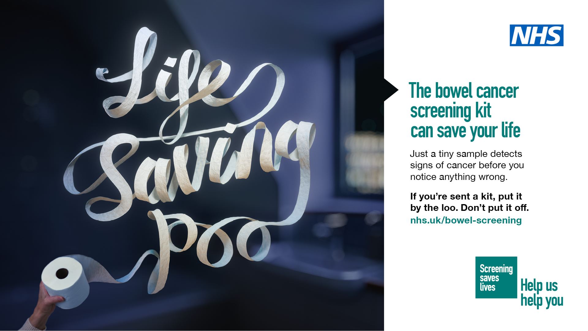white toilet paper spells out the words 'Life saving poo' held by a female hand