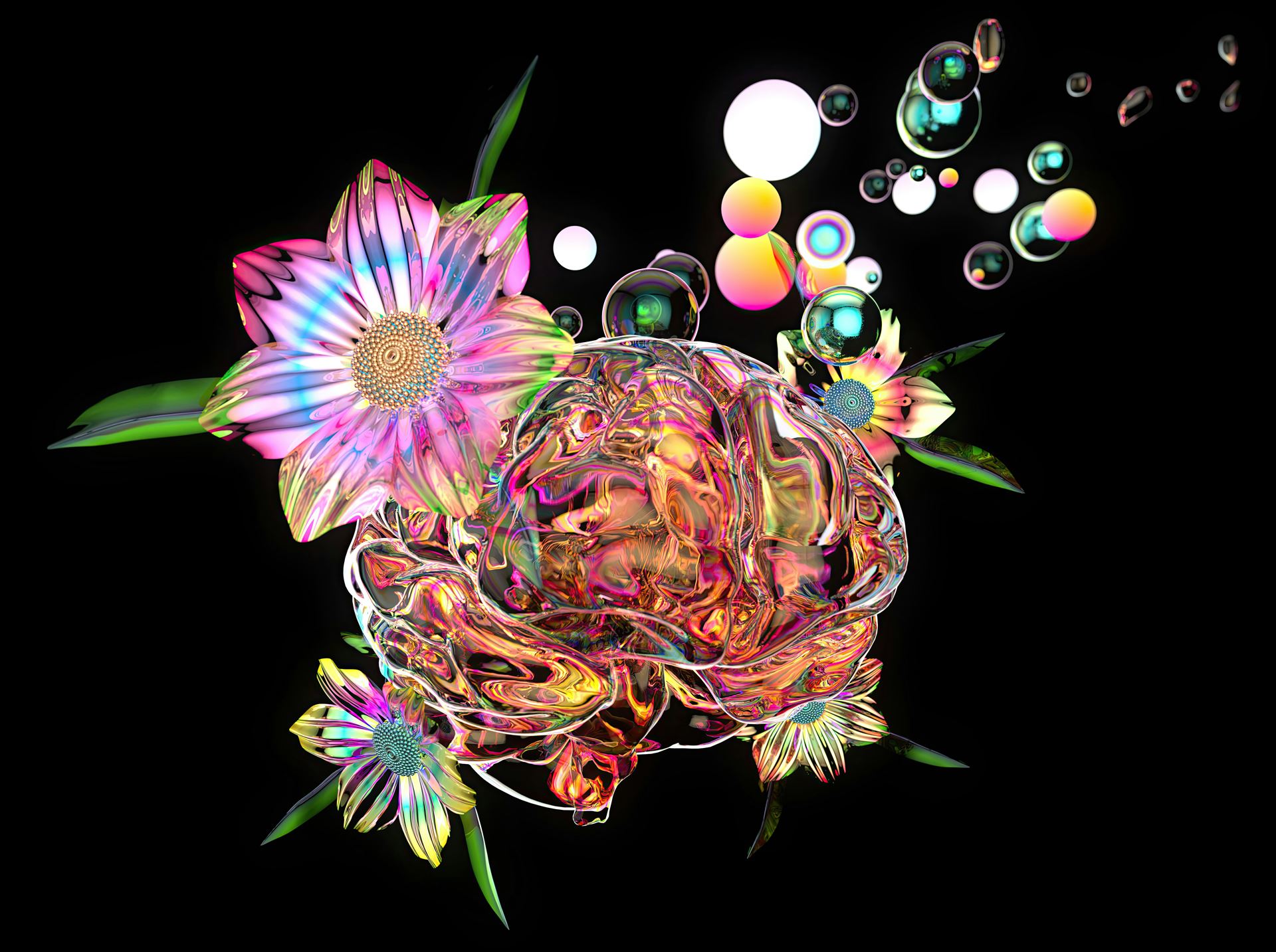 A colourful brain adorned with flowers and colourful lines